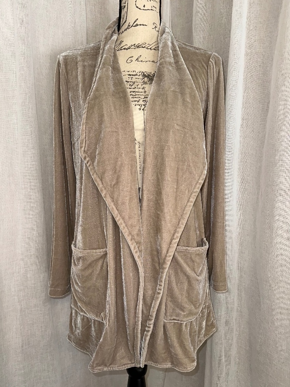 Soft Surroundings Velvet Topper Open Front Sweater with Pockets Beige XSmall